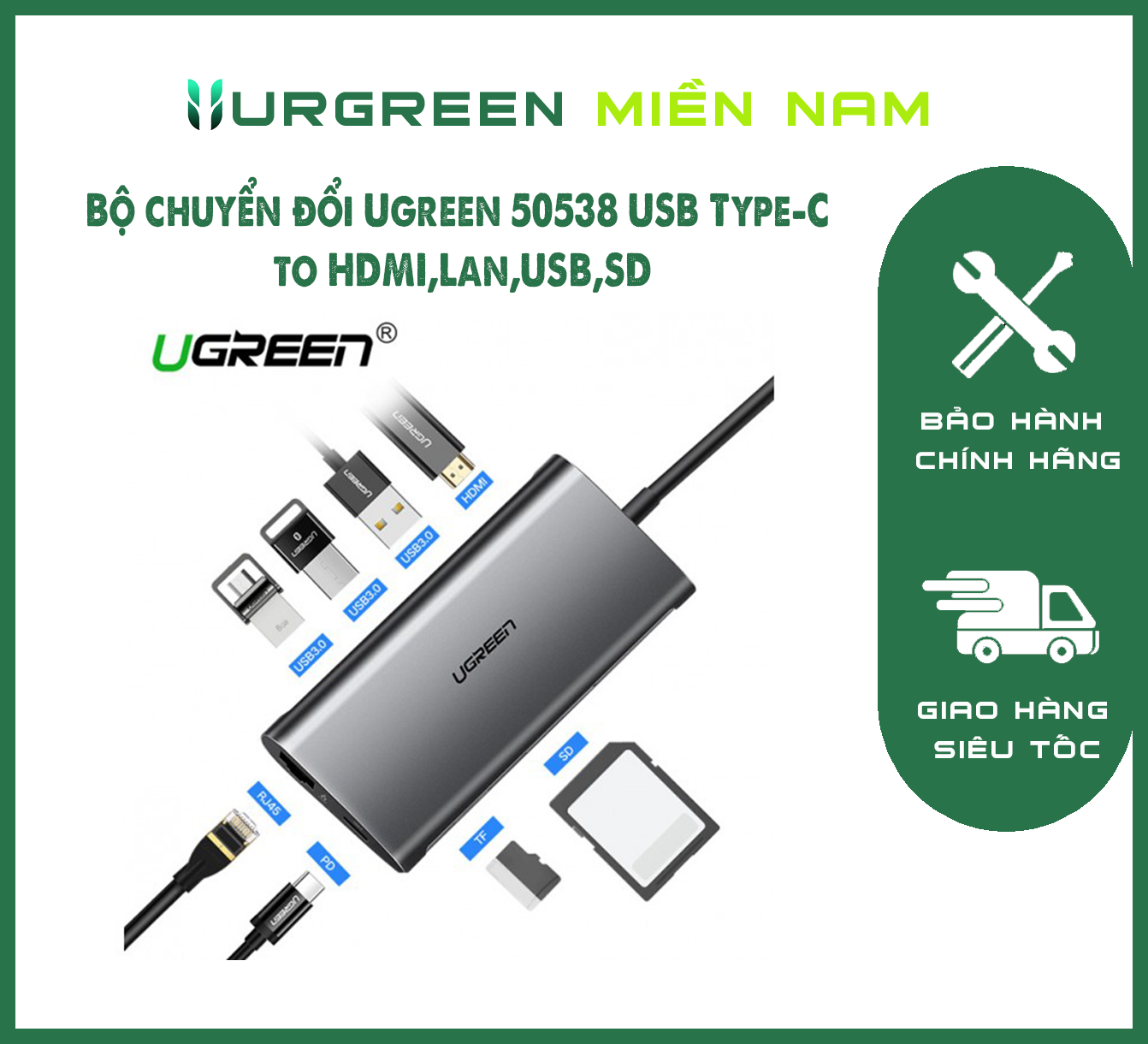 Bộ chuyển đổi Ugreen 50538 USB Type-C to HDMI,Lan,USB,SD