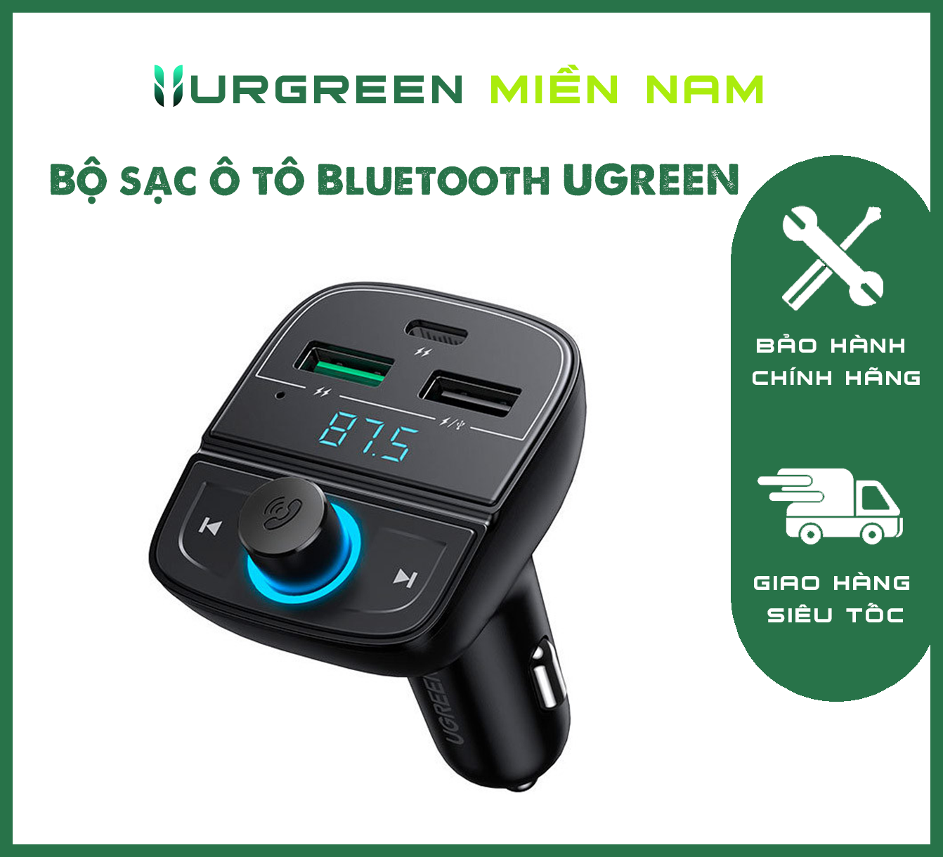 Bộ sạc ô tô Bluetooth UGREEN (5.0 + PD + QC3.0 + Ổ đĩa flash USB + TF) (Đen) 80910